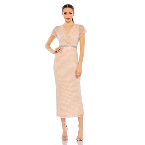 NWT Mac Duggal Beaded Wrap V-Neck Short Sleeve Dress Tea-length 12 Rose #8121 - Picture 1 of 8